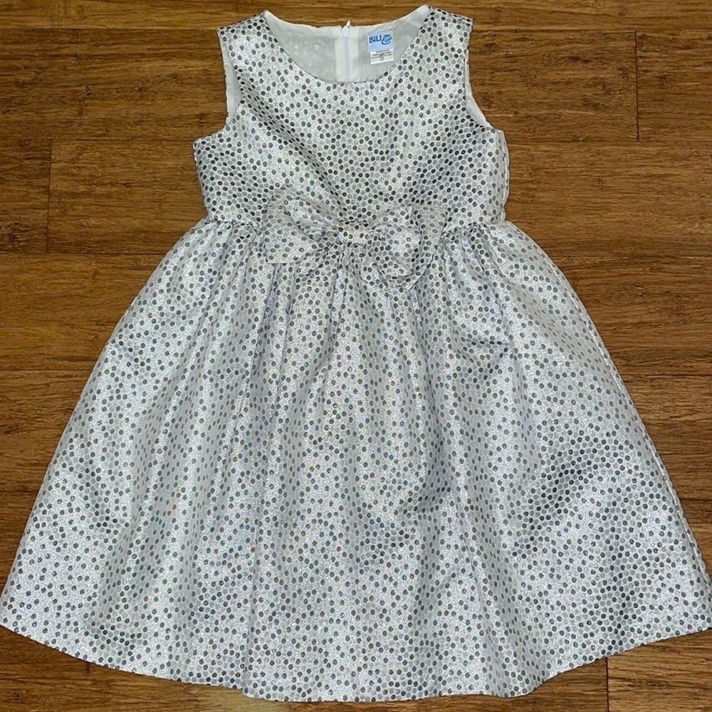 Lulu & me girls silver and grey polka dot party dress with bow size 6x NWOT
